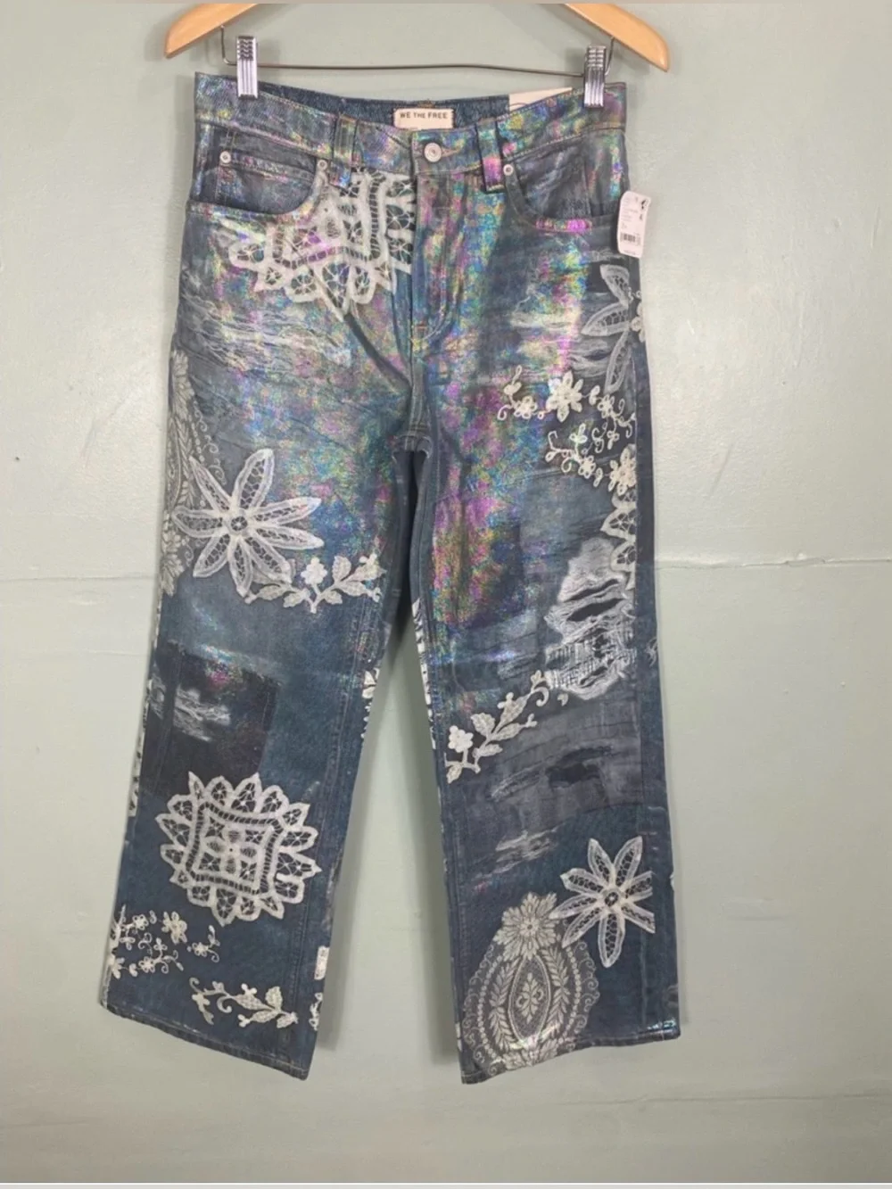 Free People Tinsley Printed High‎ Rise Illusions Jeans Floral Sz 32
